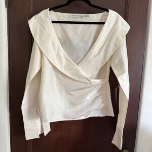 BLOOMINGDALES | Vintage Silk Taffeta Portrait Collar Faux Wrap Evening Blouse 10